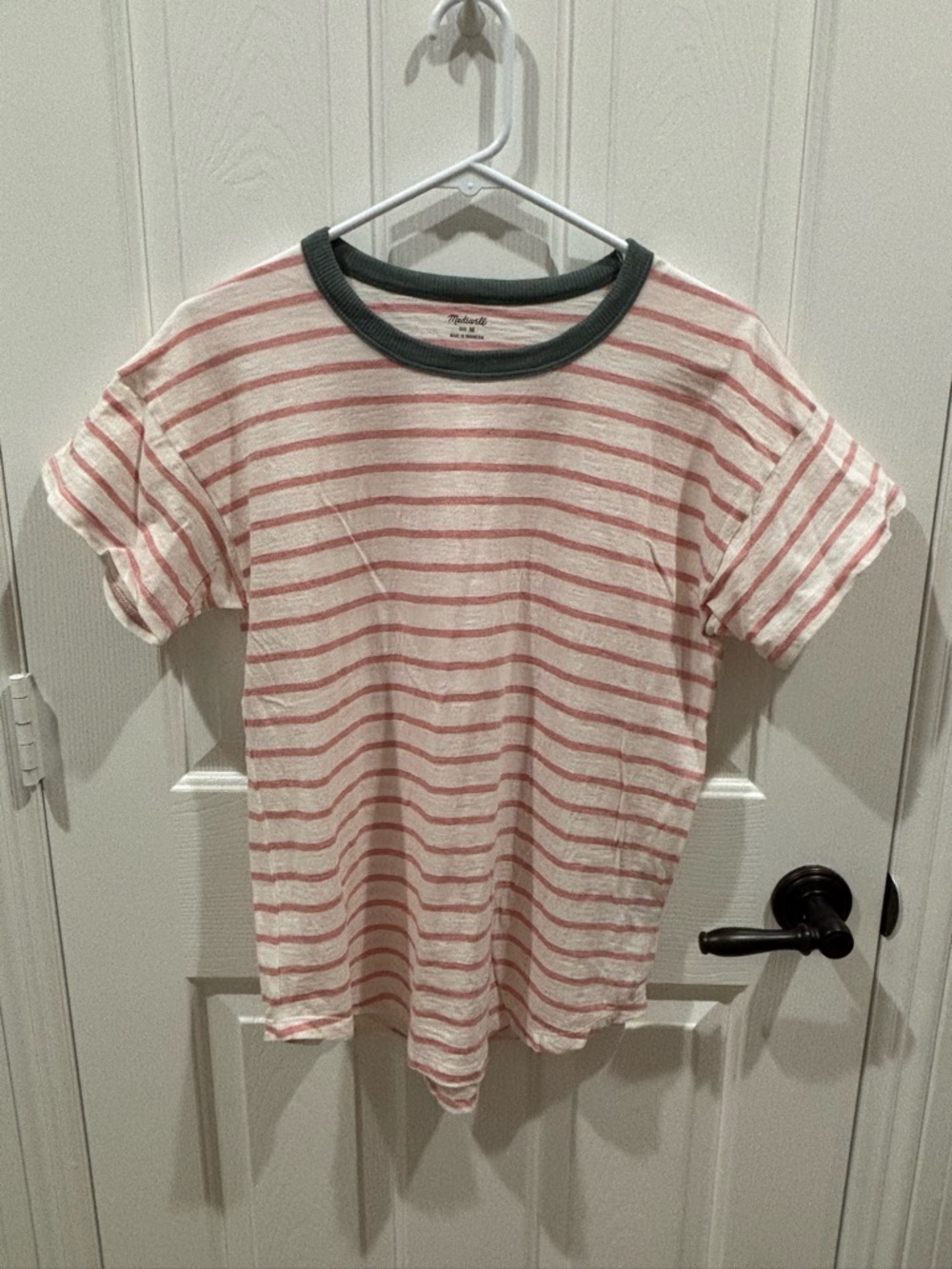 Madewell Pink & Cream Striped Ringer Tee with Dark Green Collar